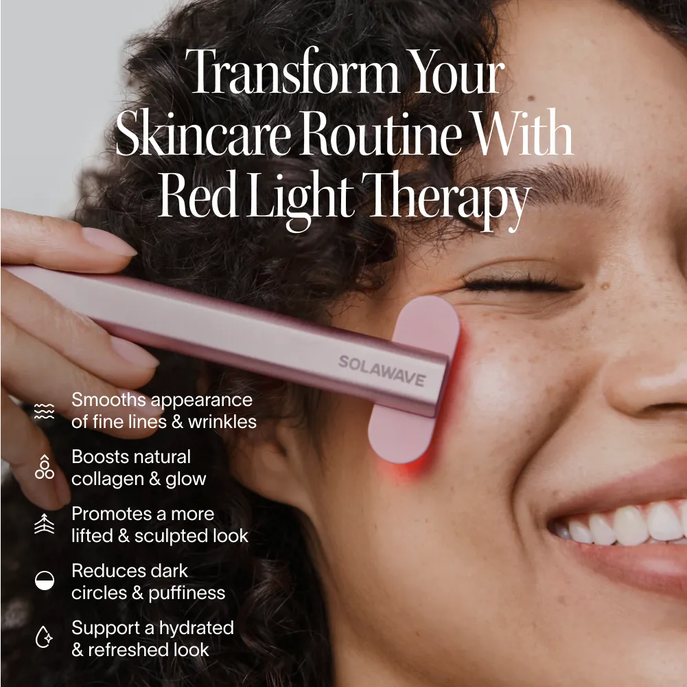 ReWired Glow Wand - woman using wand on cheek, benefits: fine lines, dark spots, collagen