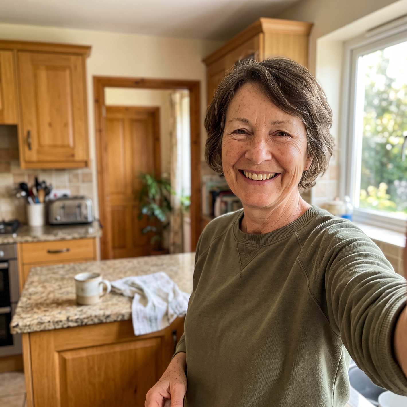 Customer selfie Patricia in her kitchen