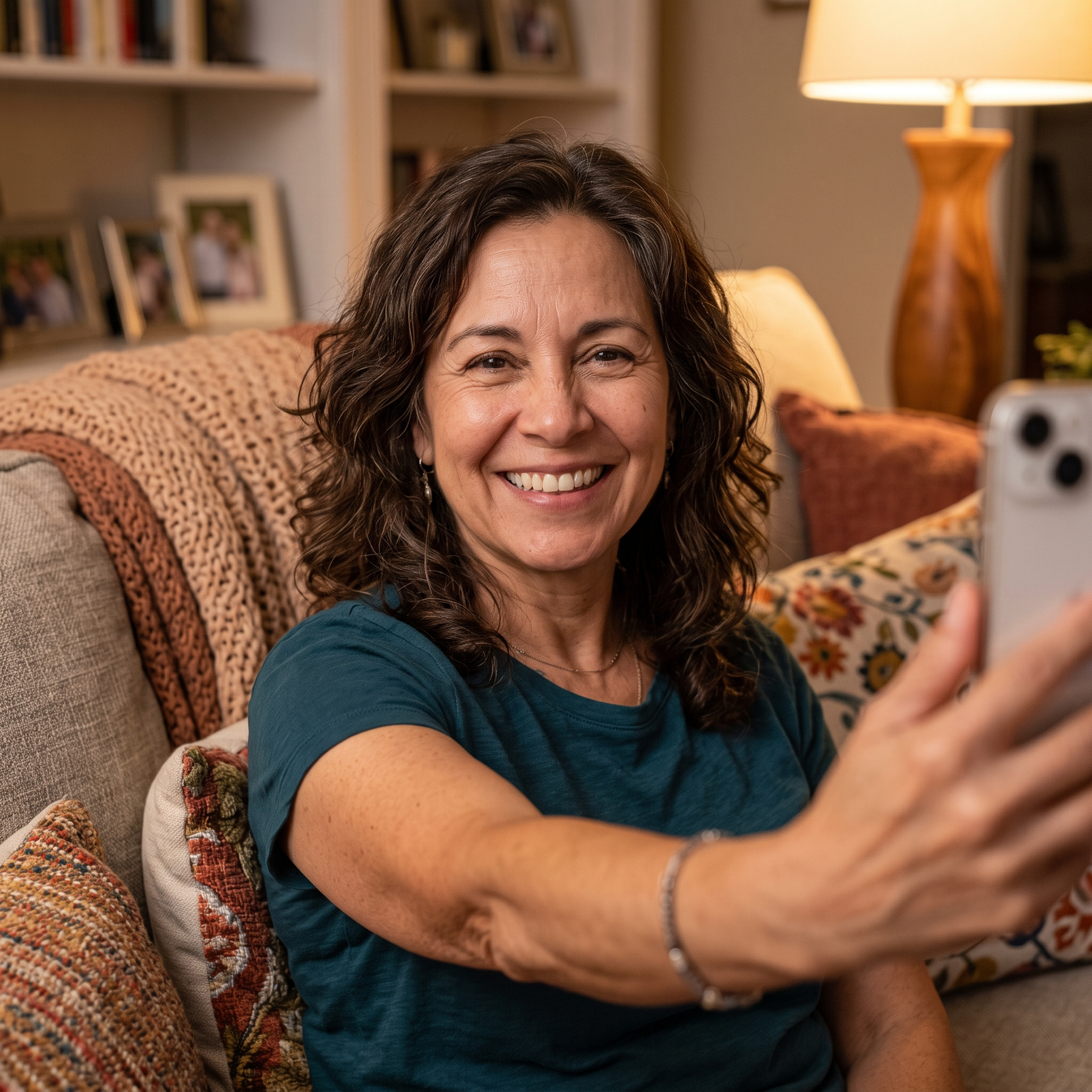 Customer selfie Nancy on her sofa