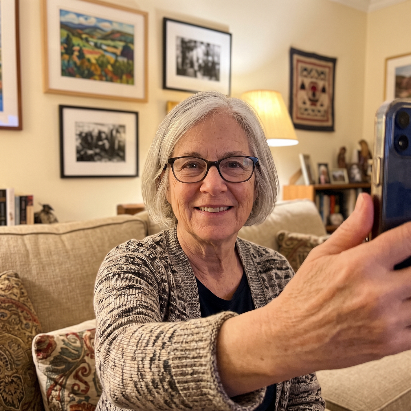 Customer selfie Susan in her living room