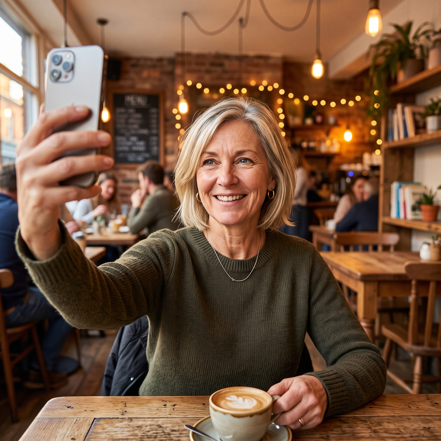 Customer selfie Linda in a cafe