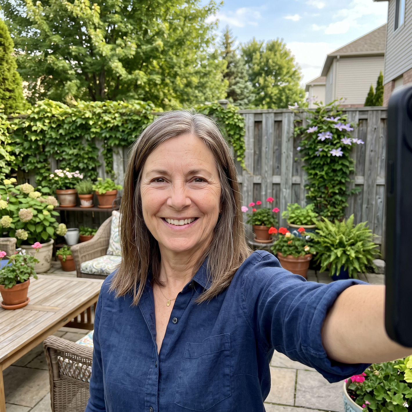 Customer selfie Sandra on her patio