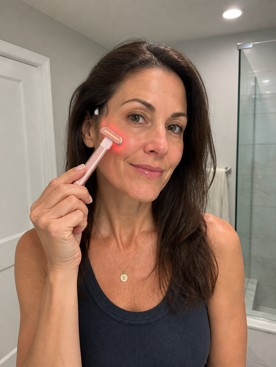 ReWired Glow Wand customer review - woman using wand, glowing skin result