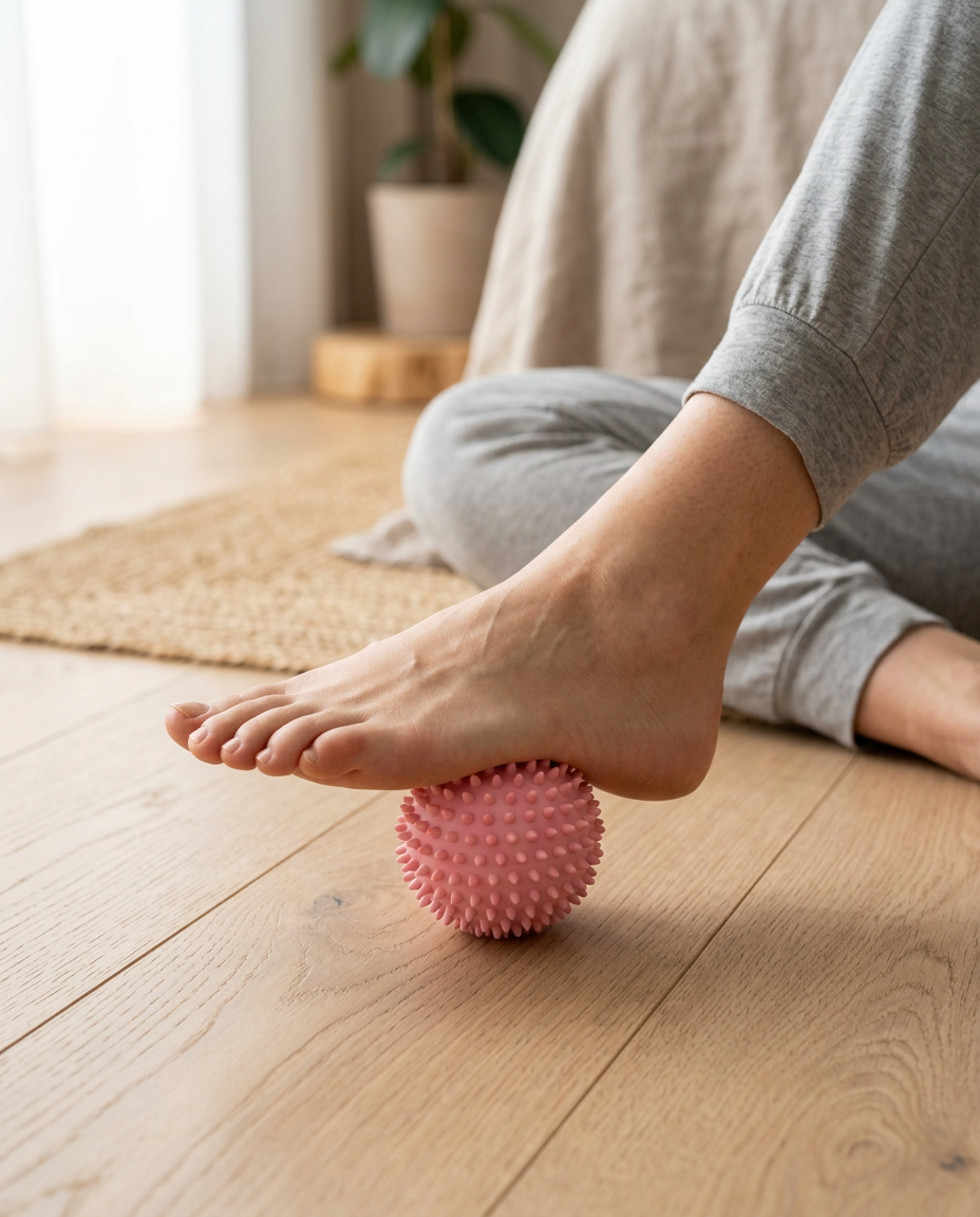 Bare foot rolling a fascia release massage ball