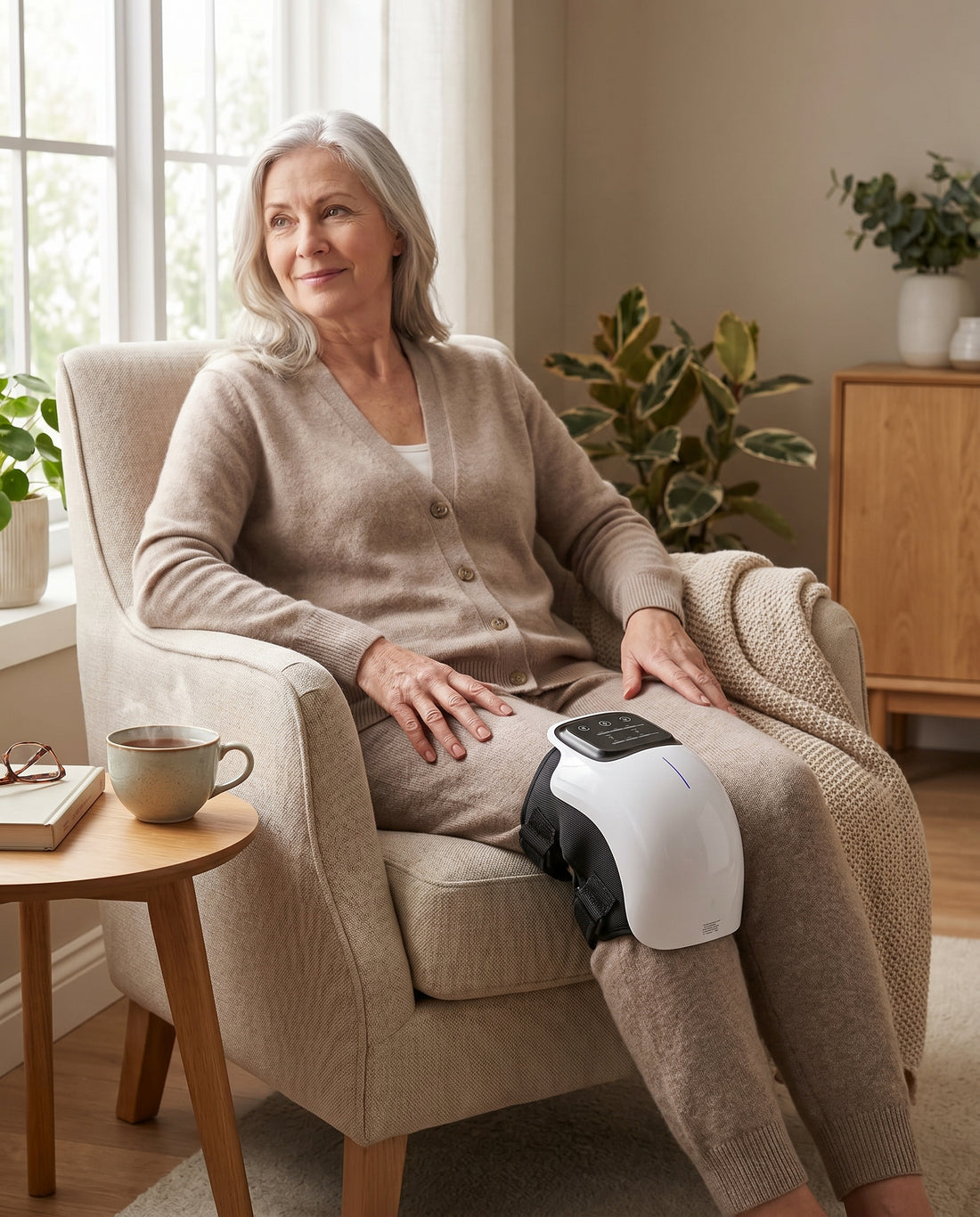 Woman relaxing at home wearing the ThermaLux Knee Massager