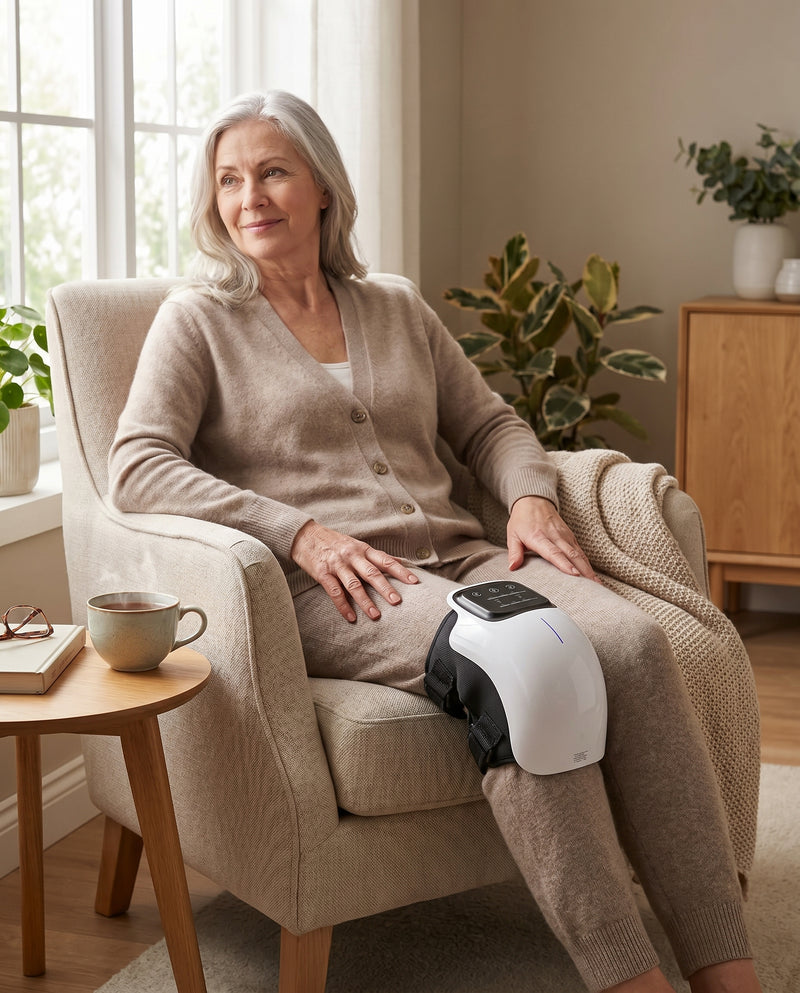 Woman relaxing at home wearing the ThermaLux Knee Massager