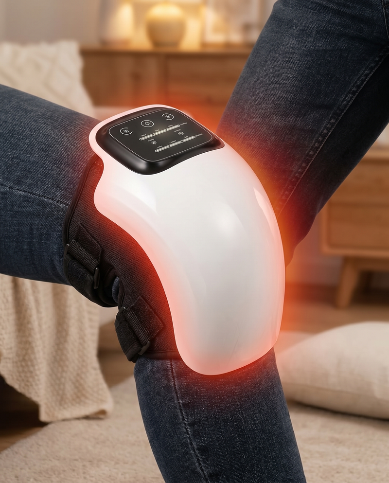 Close up of ThermaLux red light glow and LED screen on a knee