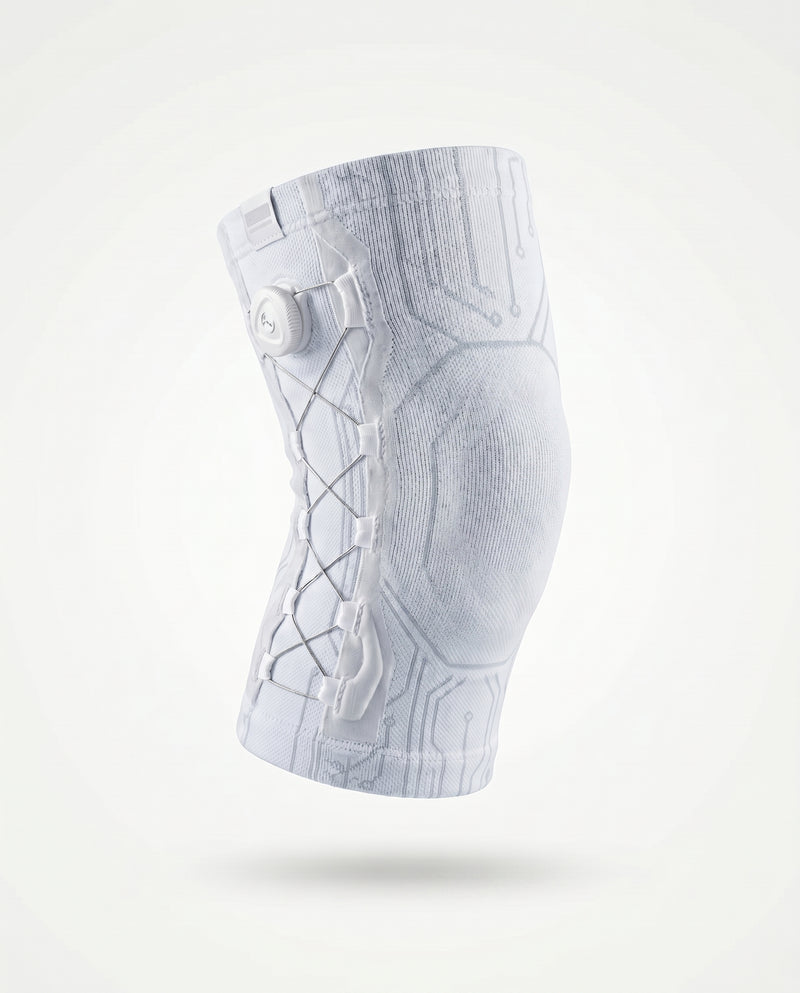 Side view of the TrueFlex knee brace adjustment dial and laces