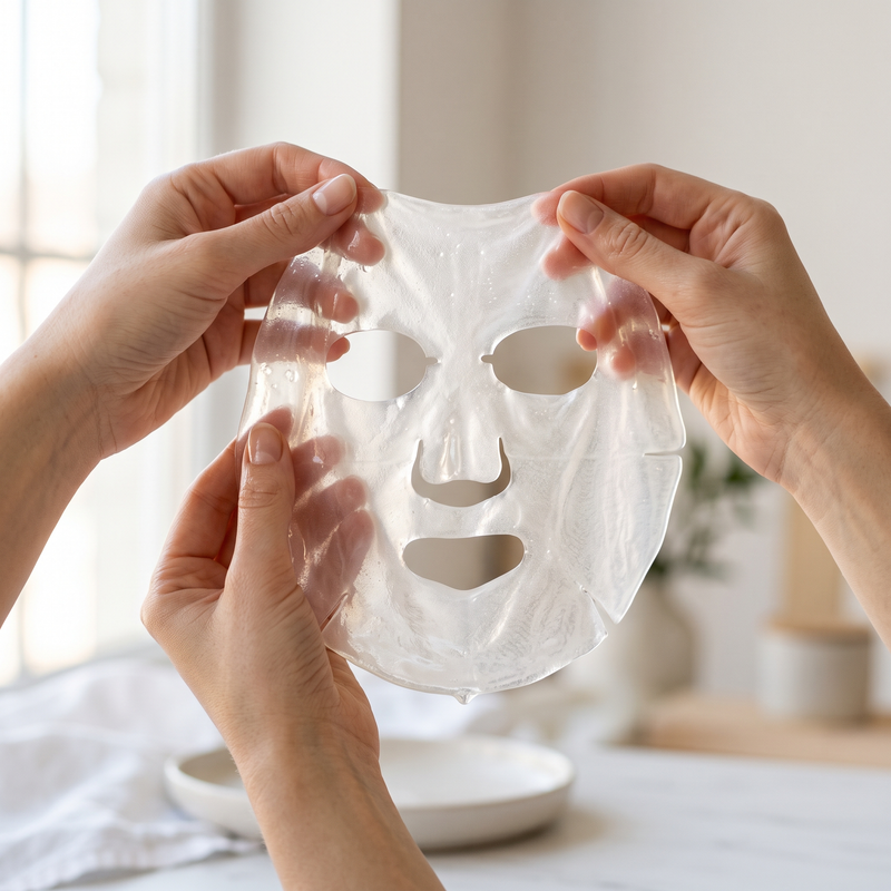 Hands holding up the translucent bio-collagen jelly mask to the light