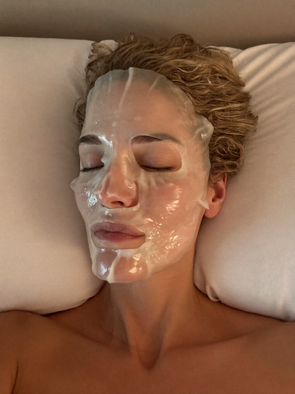 Woman relaxing with the bio-collagen jelly mask on her face