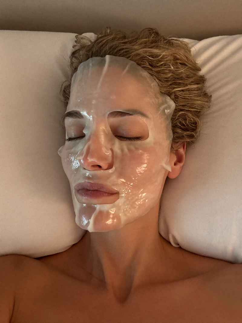 Woman relaxing with the bio-collagen jelly mask on her face