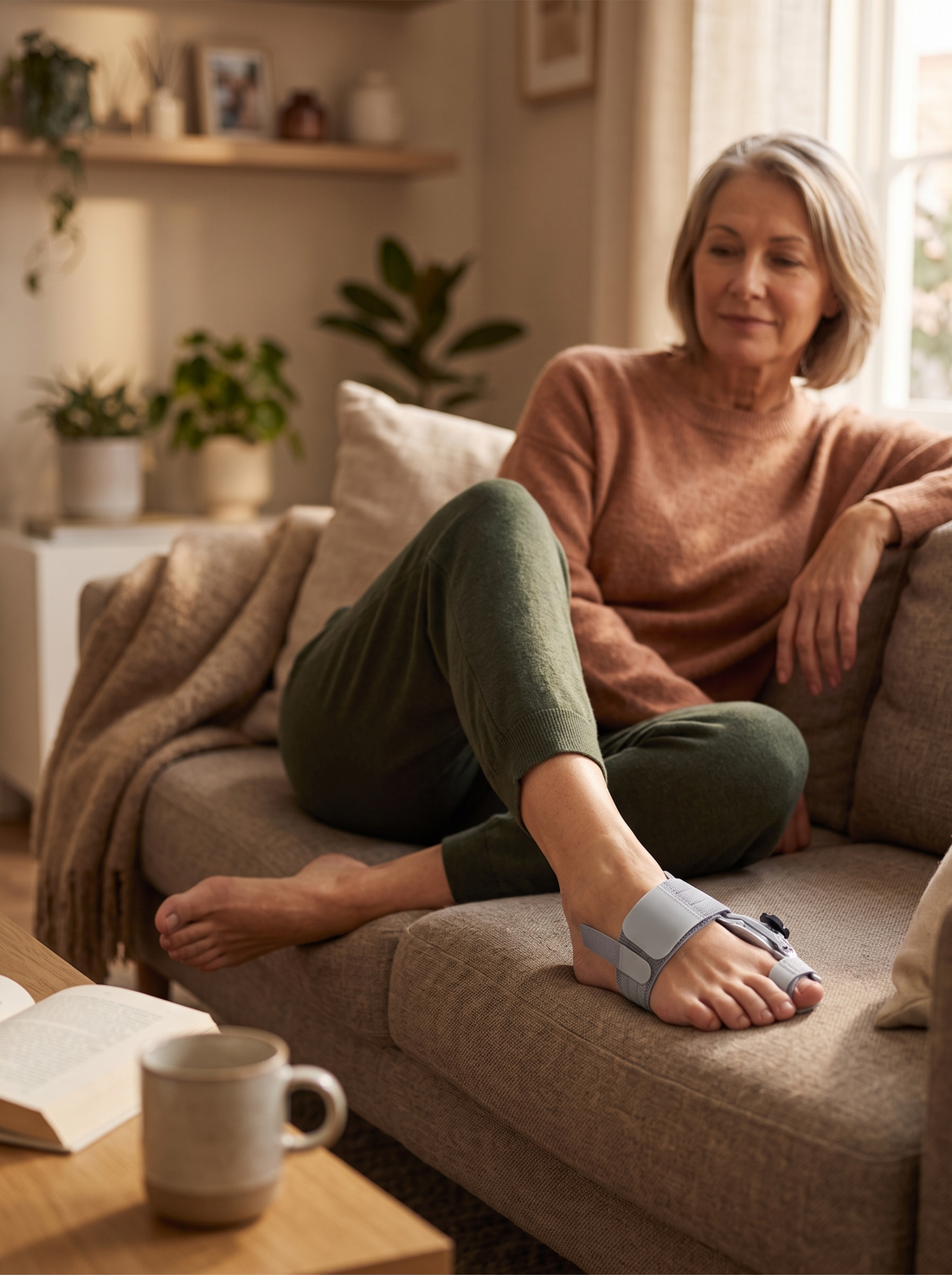 Woman relaxing on the couch wearing the bunion corrector