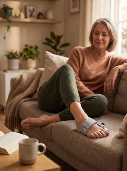 Woman relaxing on the couch wearing the bunion corrector