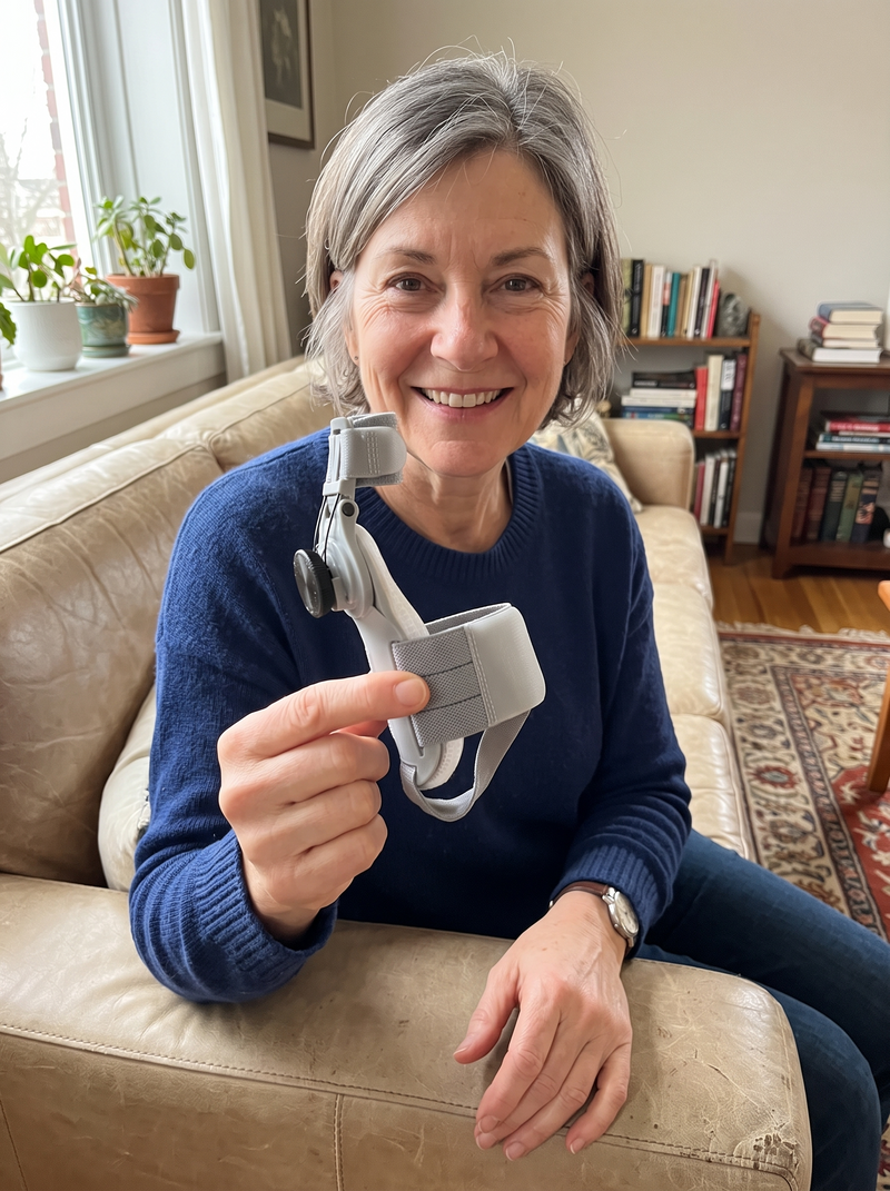 Woman holding up the bunion corrector at home