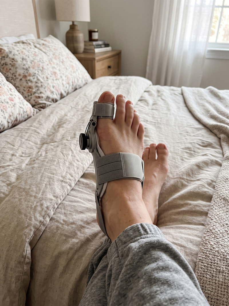 Foot wearing the bunion corrector at home