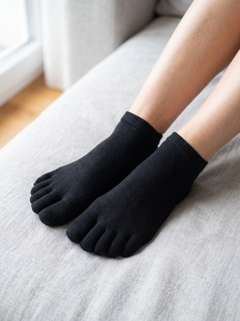 Feet wearing the five-toe comfort socks