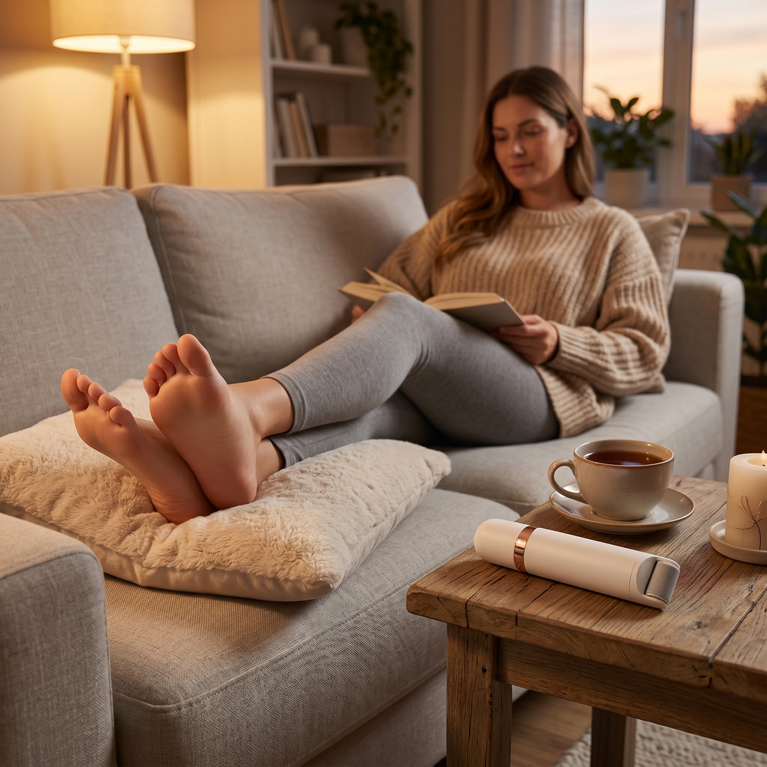 Woman relaxing with smooth feet, ReWired SilkSole nearby