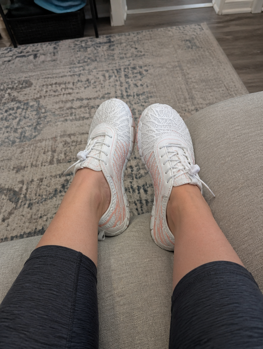 Customer review photo - Jessica wearing ReWired shoes at home