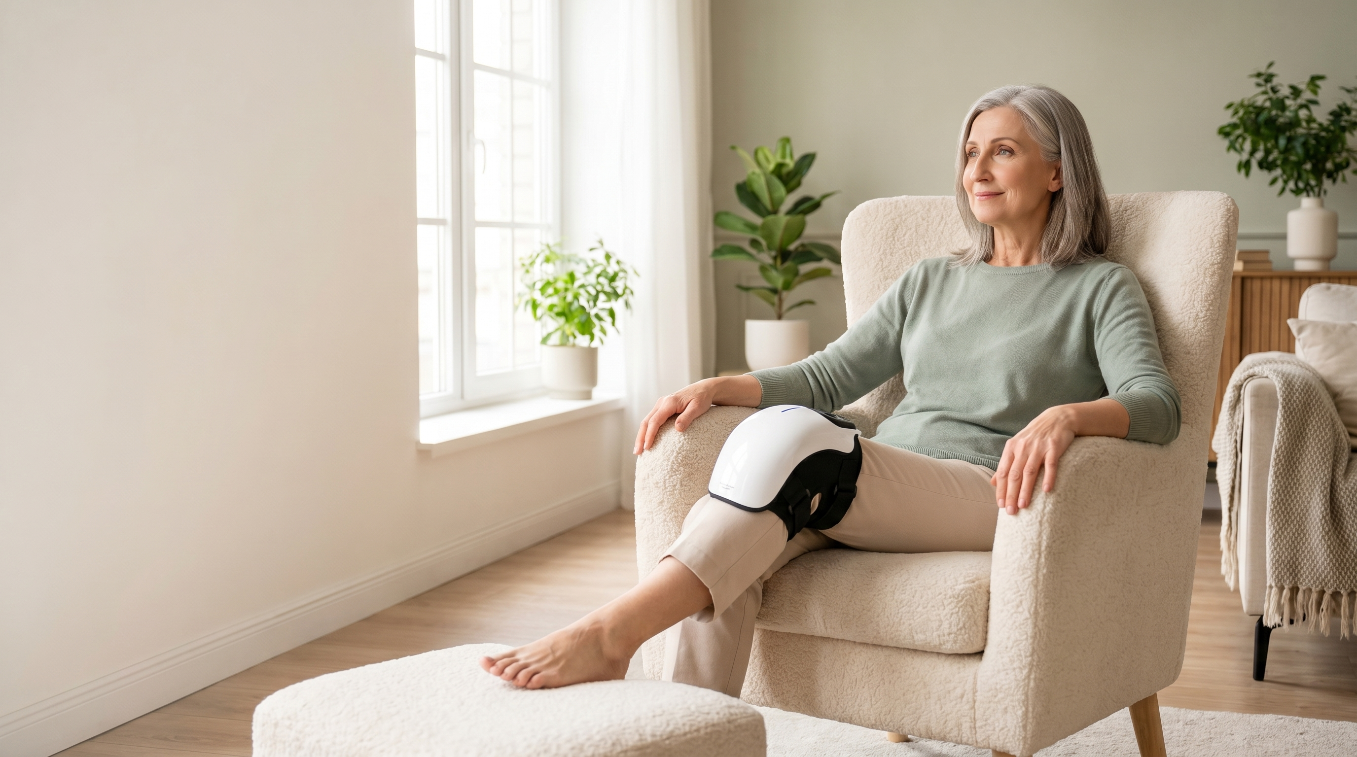 Woman relaxing in a bright living room wearing the ThermaLux Knee Massager