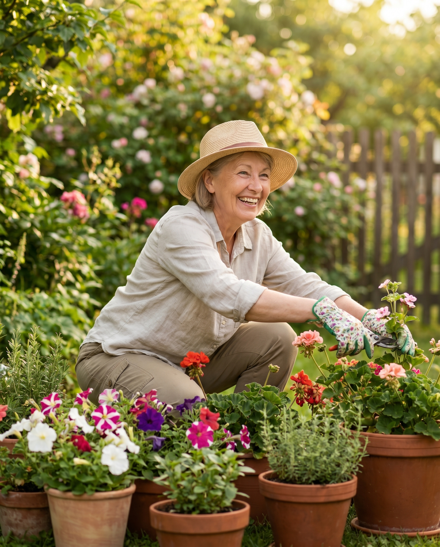 Woman moving comfortably in a sunny garden