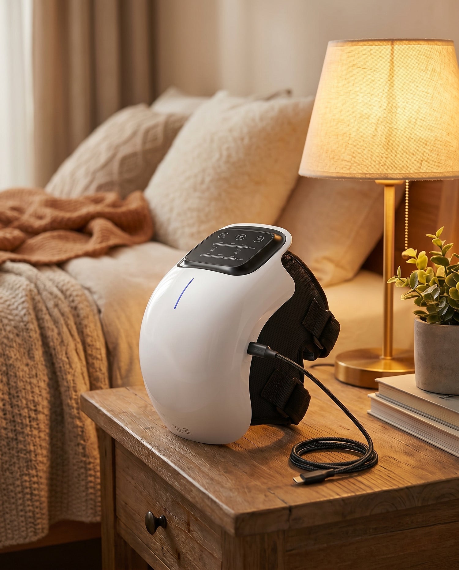 ThermaLux charging by USB-C on a bedside nightstand