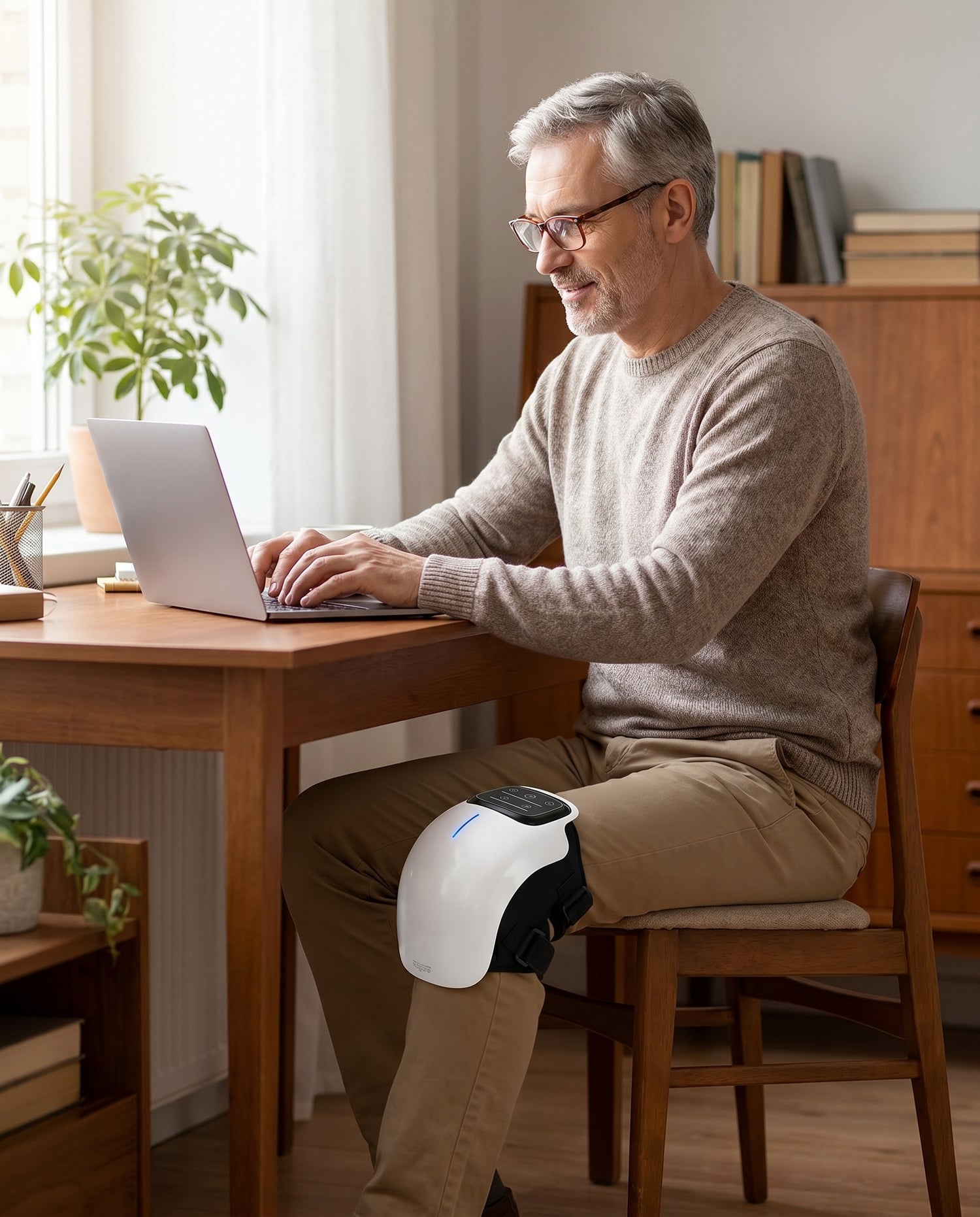 Man wearing the ThermaLux at his home office desk